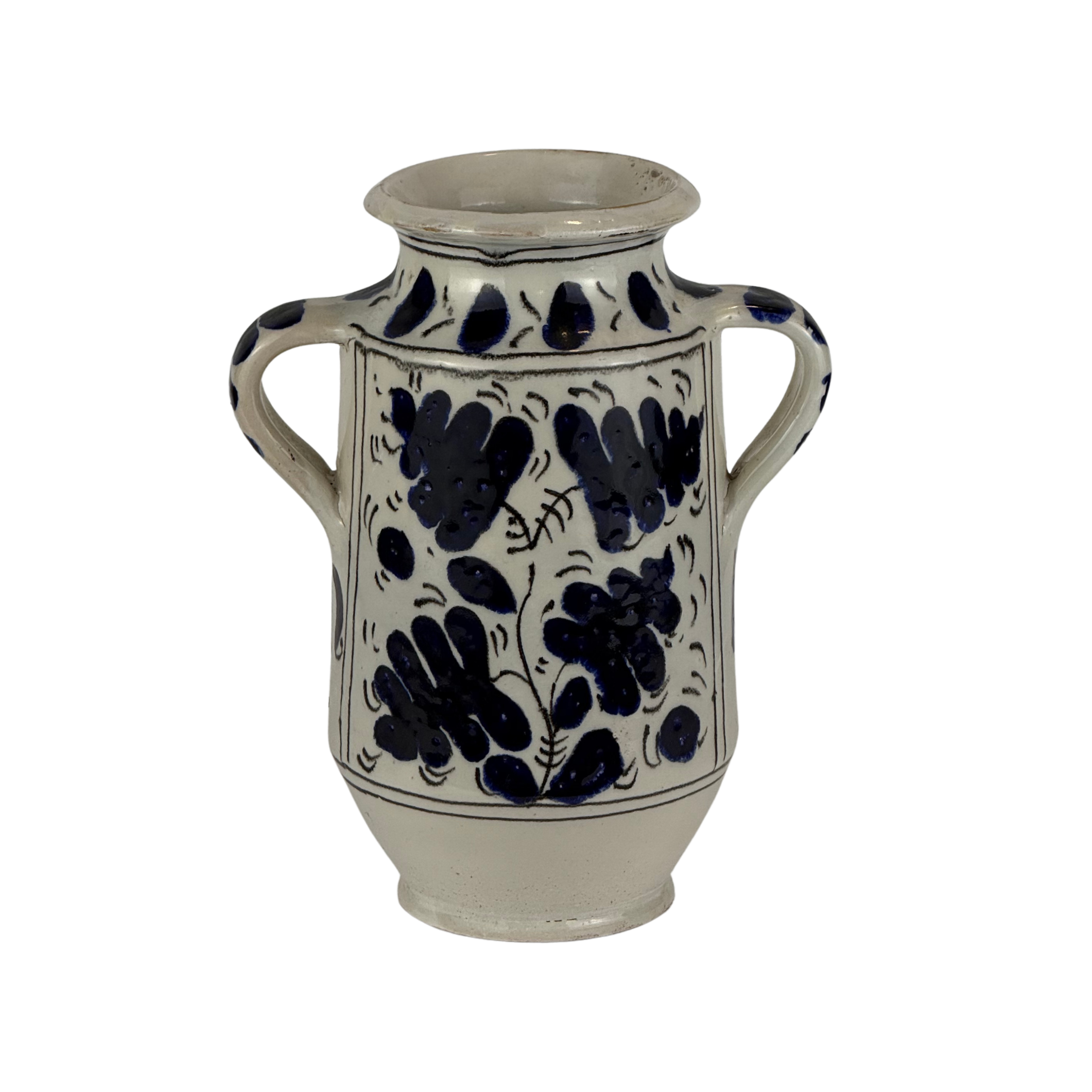Blue albarello vase with 2 handles
