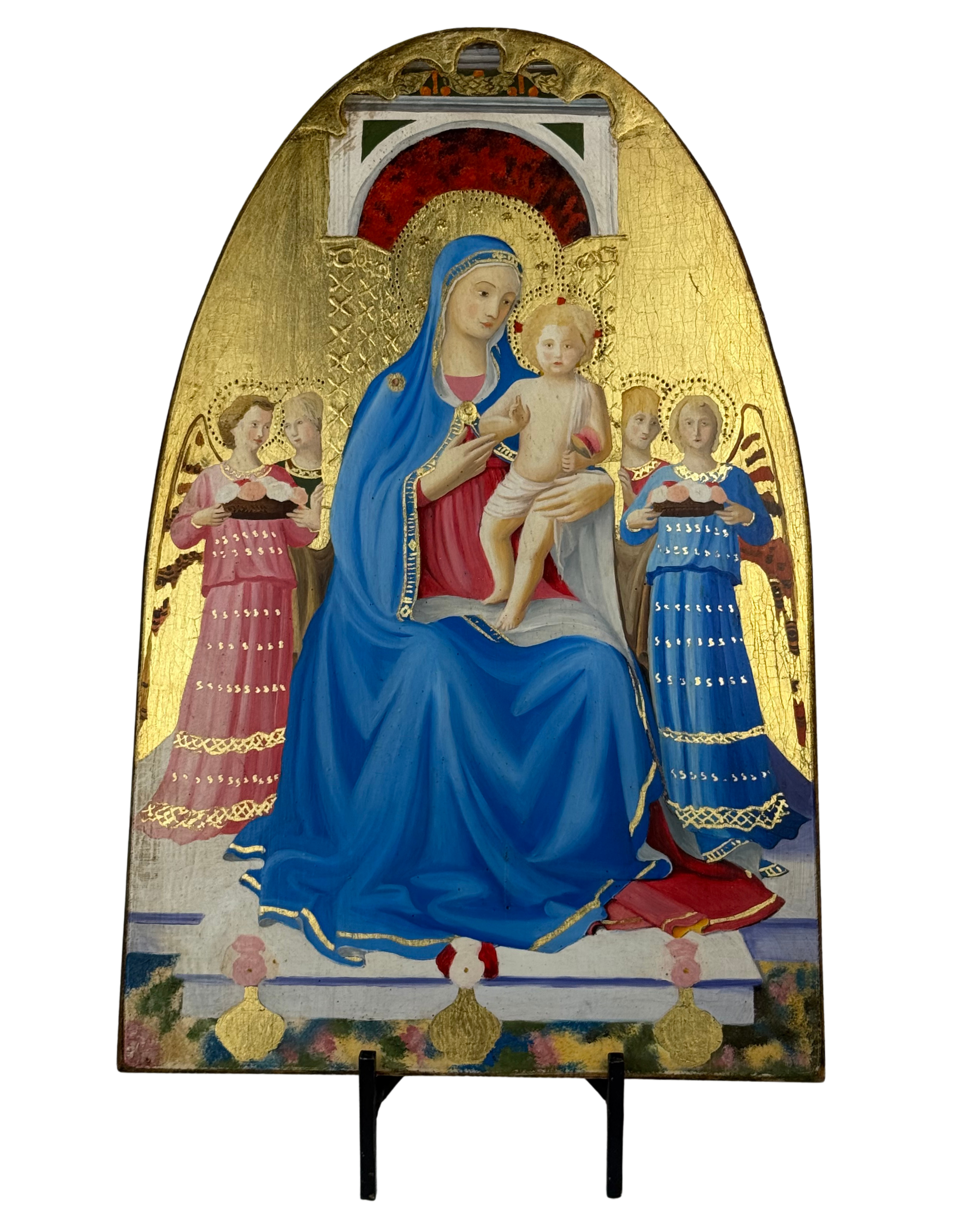 Icona Madonna c/Bambino olio/tavola corn.arrotond. - 27x43 cm