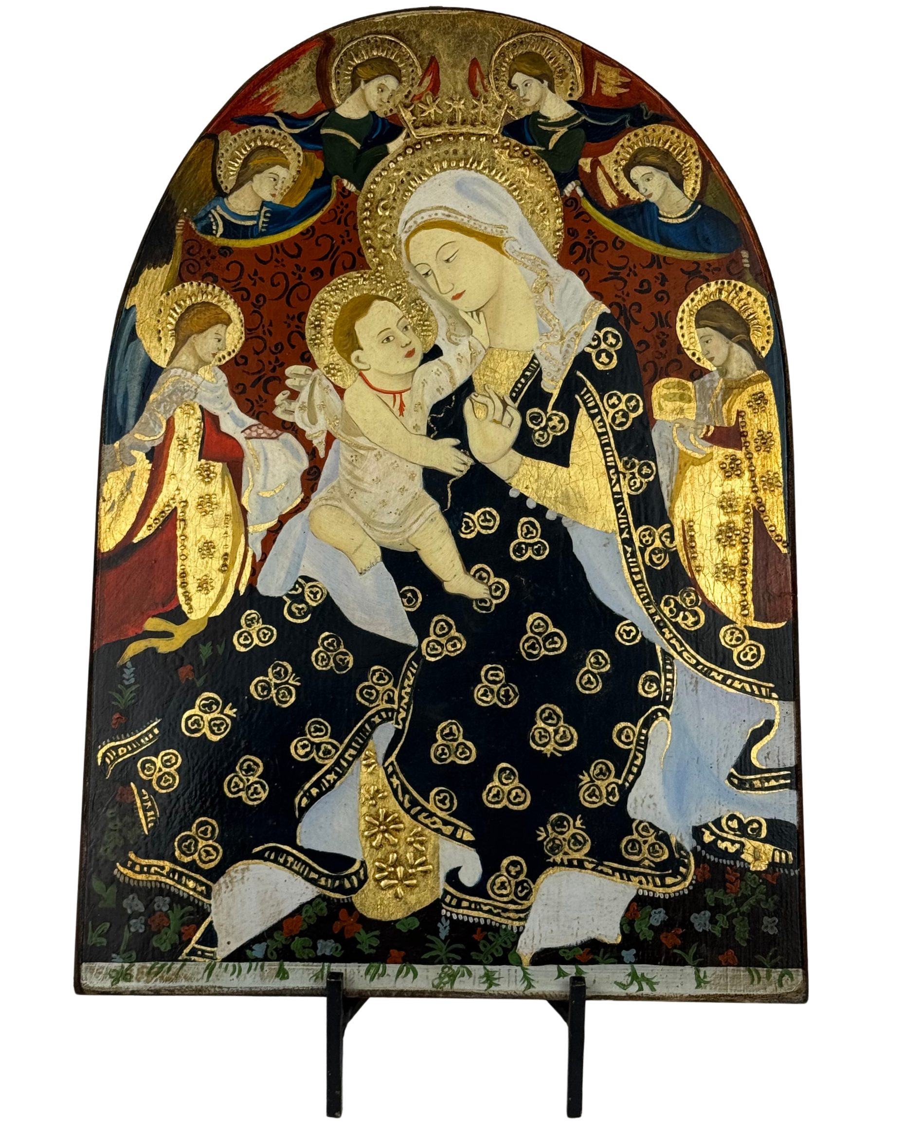 Icona Madonna dell'Umiltà e angeli olio/tavola corn.arrotond.