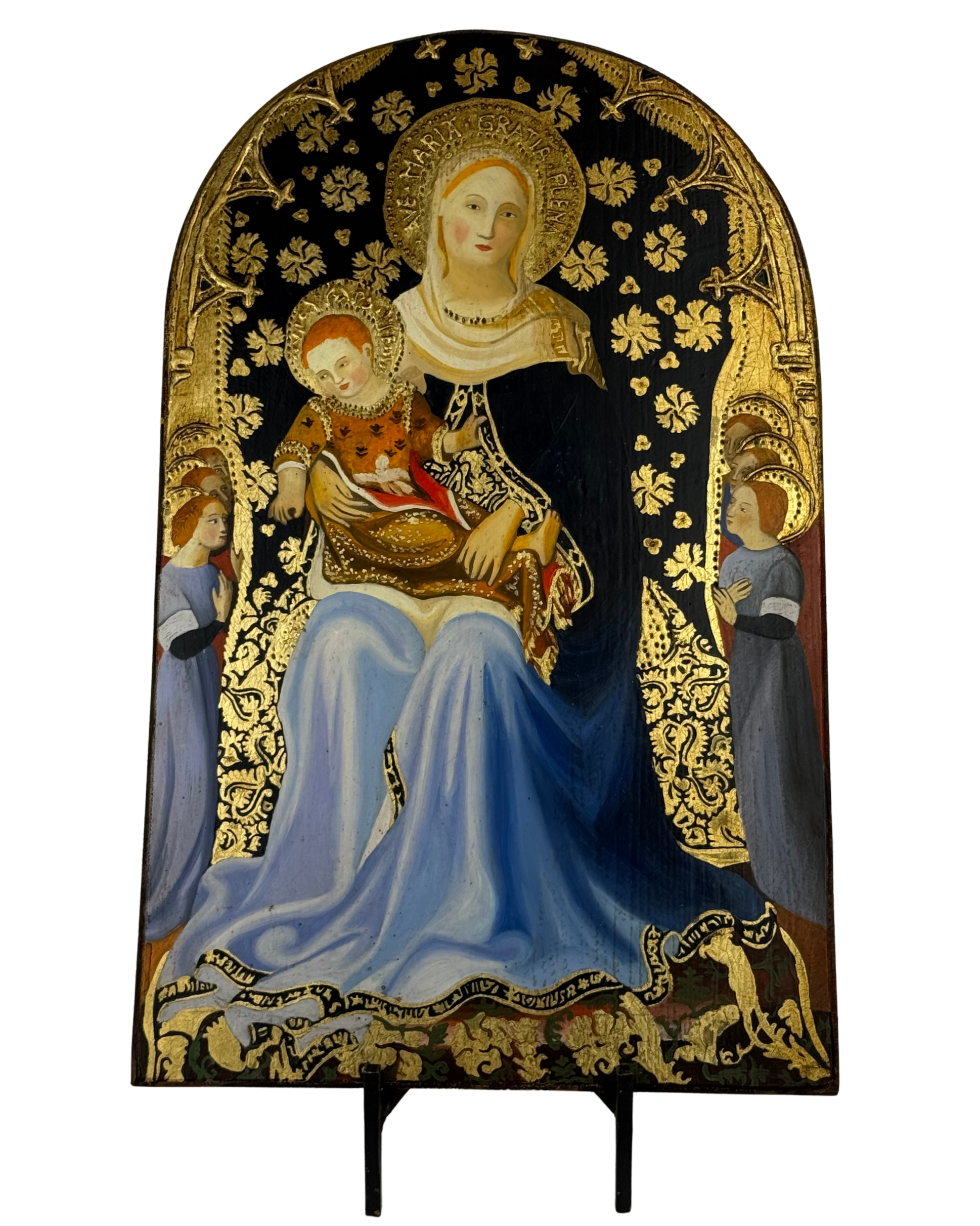 Icona Madonna c/Bambino olio/tavola corn.arrotond. - 26x42 cm