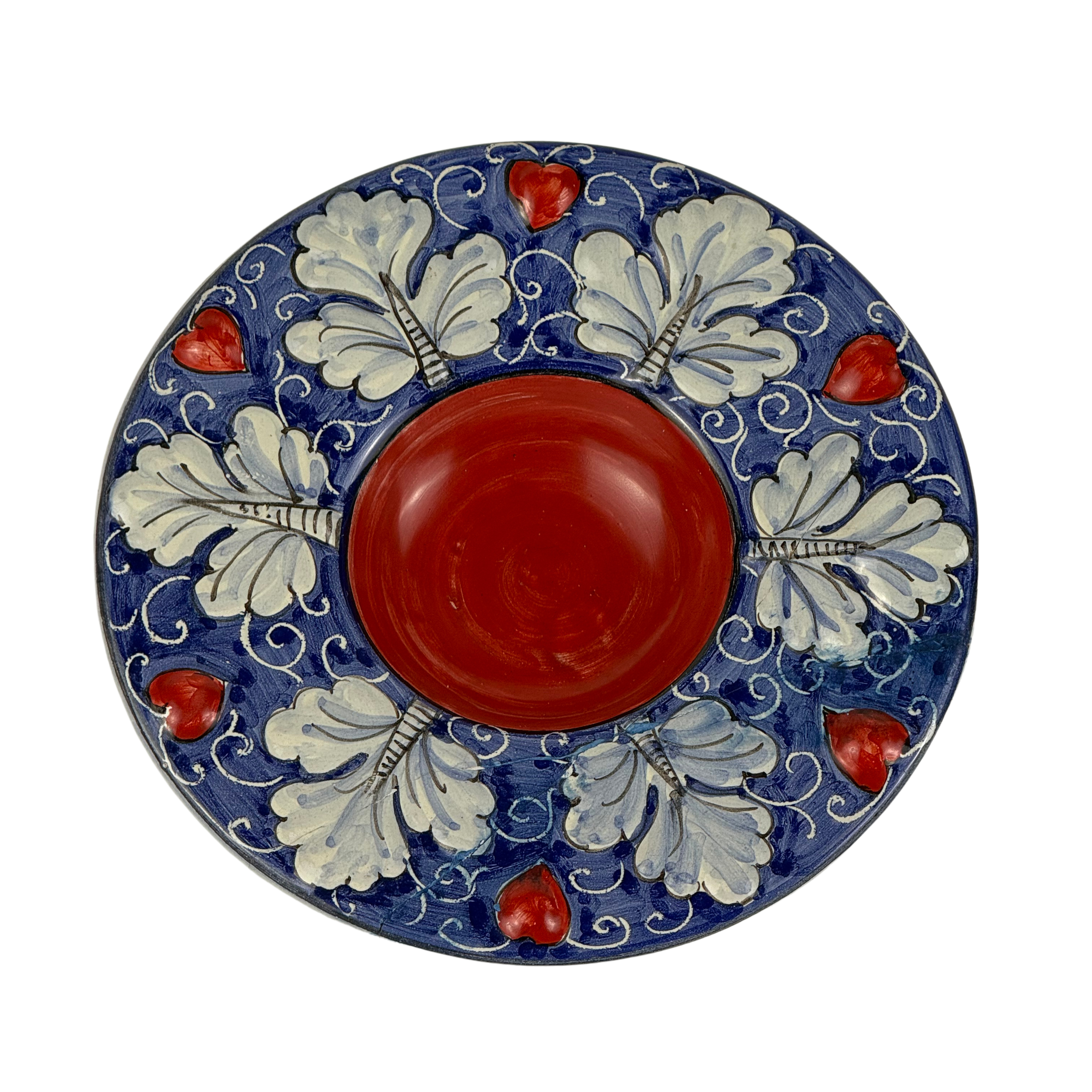 Piattino rosso/blu foglie rilievo